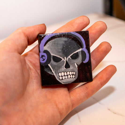 Tiny Skull With Headphones Painting | Gothic Miniature Artwork