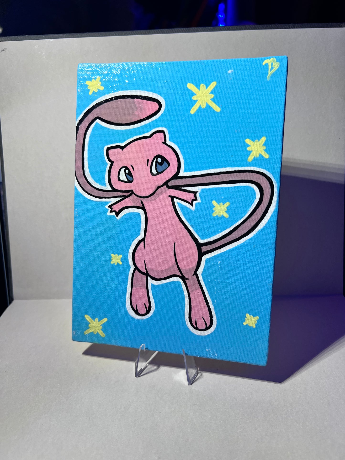 Hand-Painted Mew Pokémon Art on Canvas | Cute Cartoon Wall Decor | Glossy Finish | Ideal Kid's Birthday Present