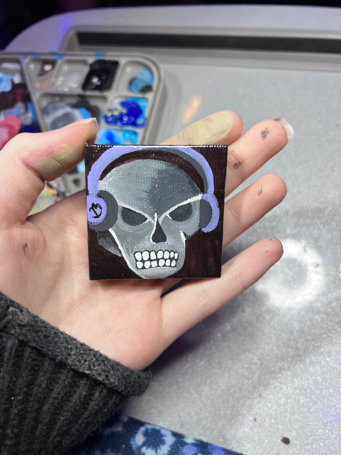 Mini Skull with Headphones Painting - Tiny Punk Art Decor