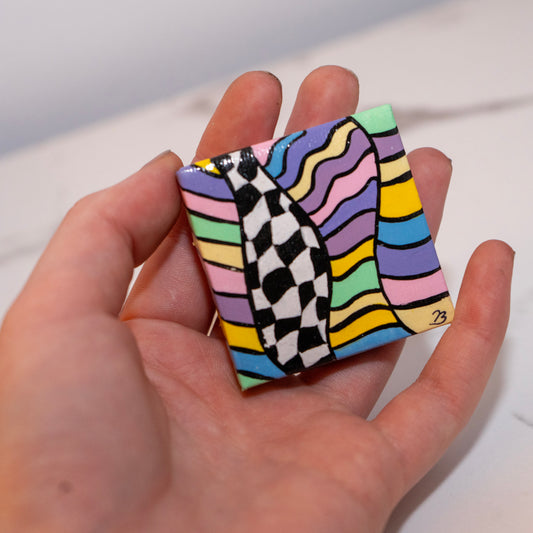Pastel Psychedelic Checkerboard Mini Painting – Original Abstract Line Art Canvas – Trippy Rainbow Wall Decor