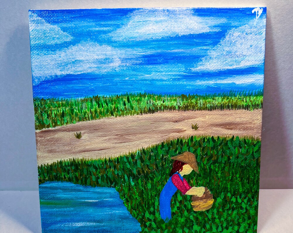 Tending Fields, Unique Art, HandMade Gifts, Small Paintings, Landscape, Blue Sky, Straw Hat, Realist art