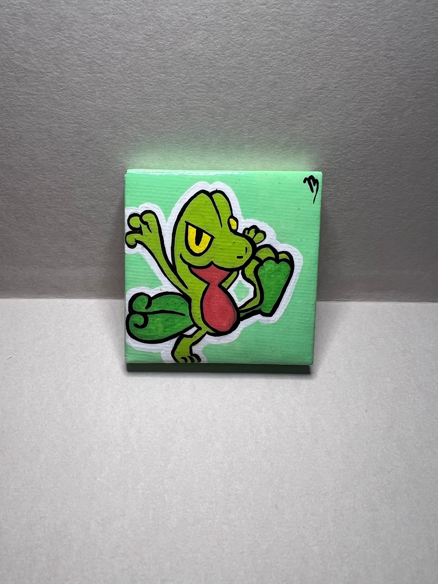 Treecko Pokemon Mini Painting, Tiny Collectible, Small Handmade Art, Gifts for him, gifts for her, birthday, Green, Yellow, Frog