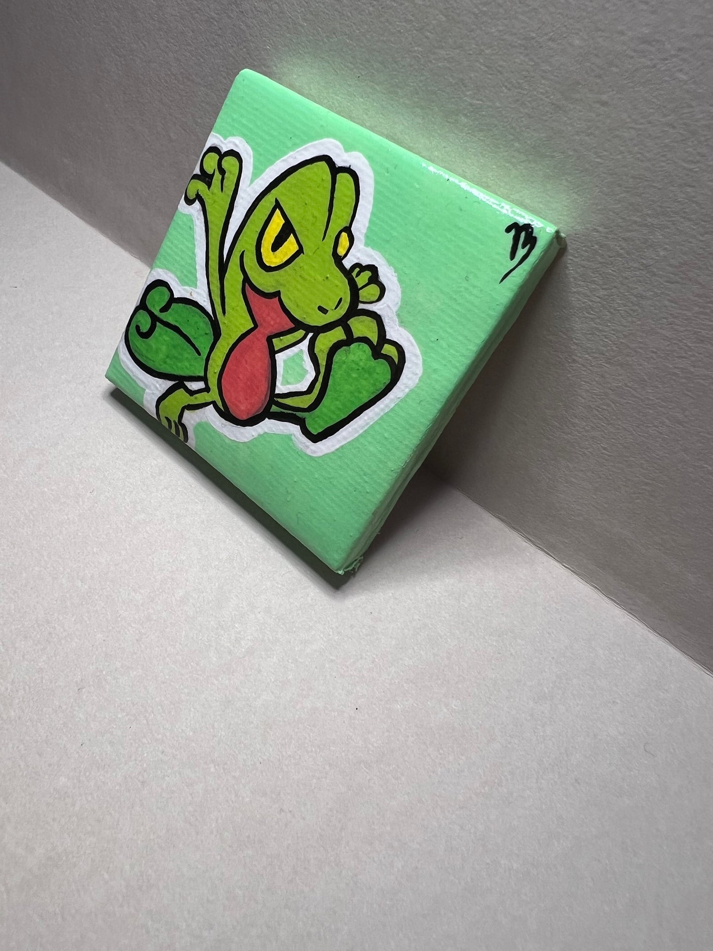 Treecko Pokemon Mini Painting, Tiny Collectible, Small Handmade Art, Gifts for him, gifts for her, birthday, Green, Yellow, Frog