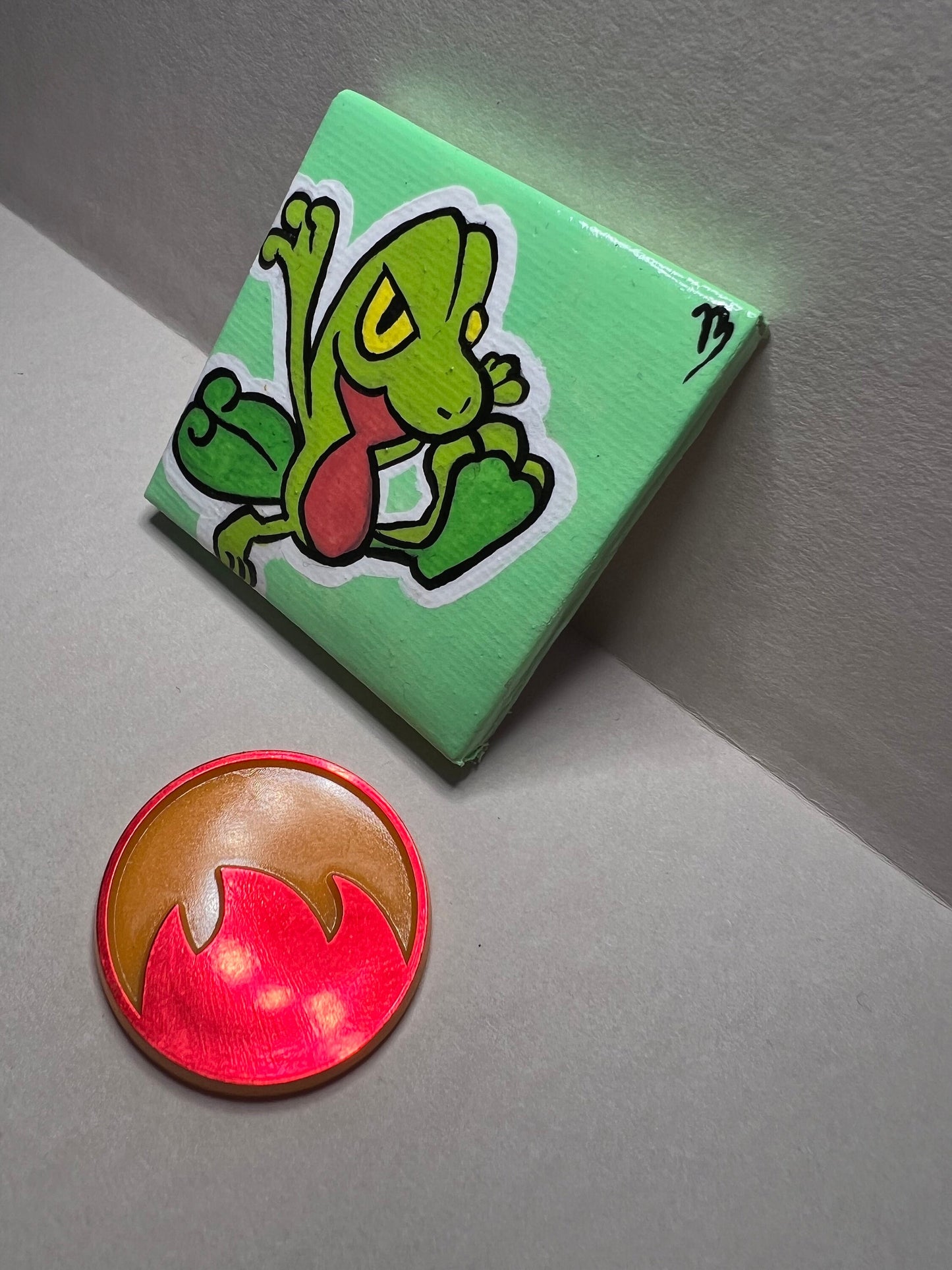 Treecko Pokemon Mini Painting, Tiny Collectible, Small Handmade Art, Gifts for him, gifts for her, birthday, Green, Yellow, Frog