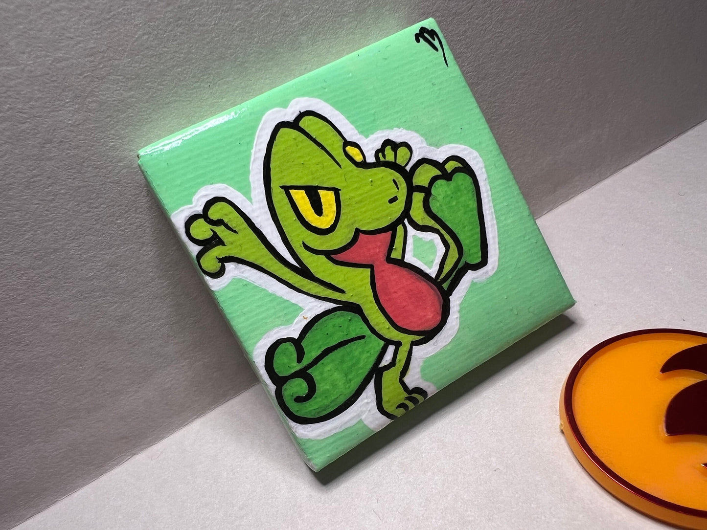 Treecko Pokemon Mini Painting, Tiny Collectible, Small Handmade Art, Gifts for him, gifts for her, birthday, Green, Yellow, Frog