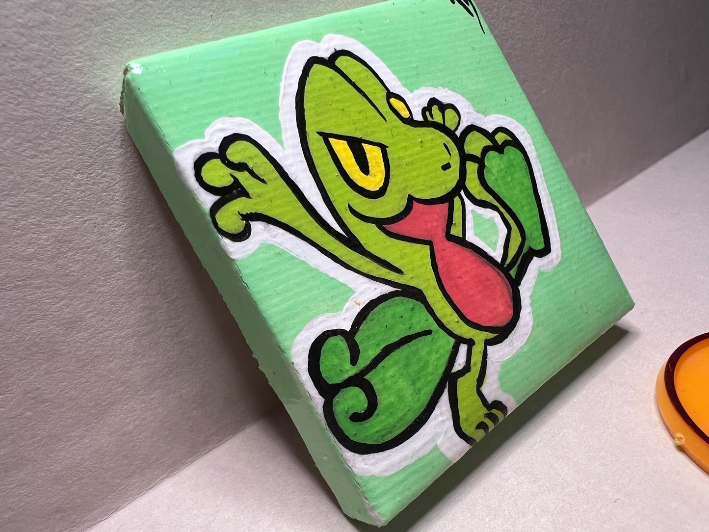 Treecko Pokemon Mini Painting, Tiny Collectible, Small Handmade Art, Gifts for him, gifts for her, birthday, Green, Yellow, Frog