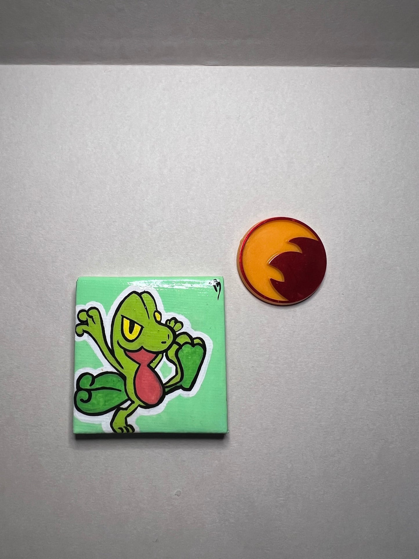 Treecko Pokemon Mini Painting, Tiny Collectible, Small Handmade Art, Gifts for him, gifts for her, birthday, Green, Yellow, Frog