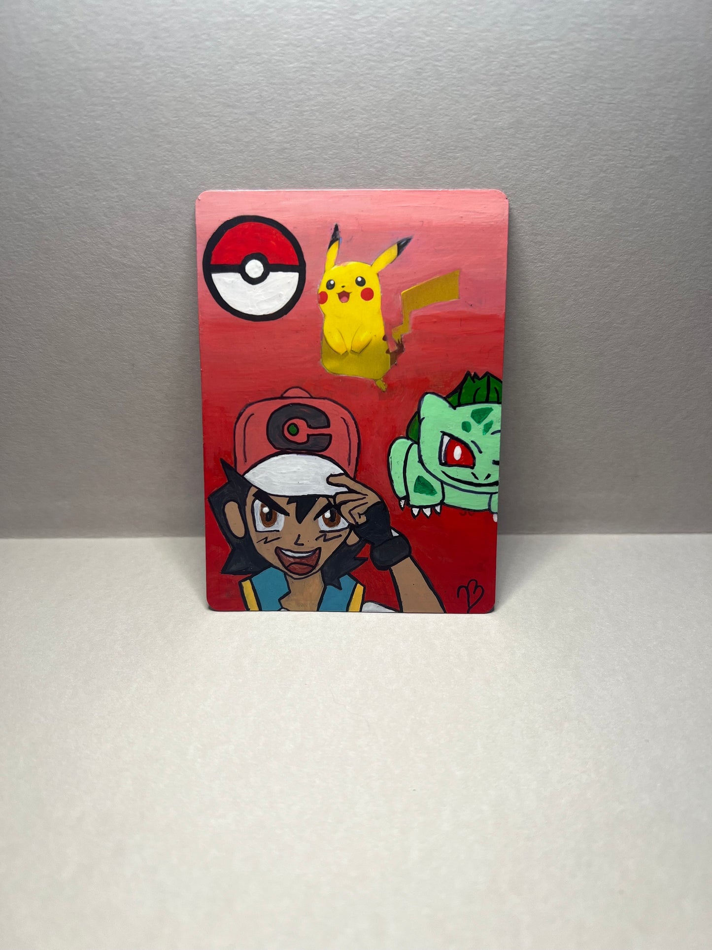 Pikachu and Ash and Bulbasaur Custom Handpainted Collectible Gift Pokémon Card