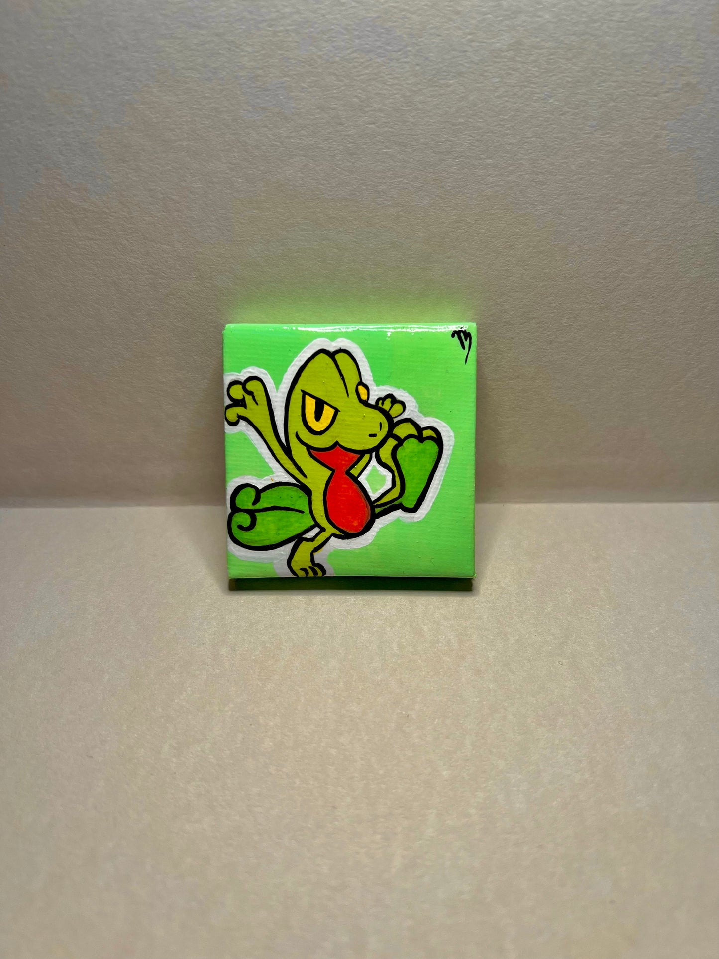 Treecko Pokemon Mini Painting, Tiny Collectible, Small Handmade Art, Gifts for him, gifts for her, birthday, Green, Yellow, Frog