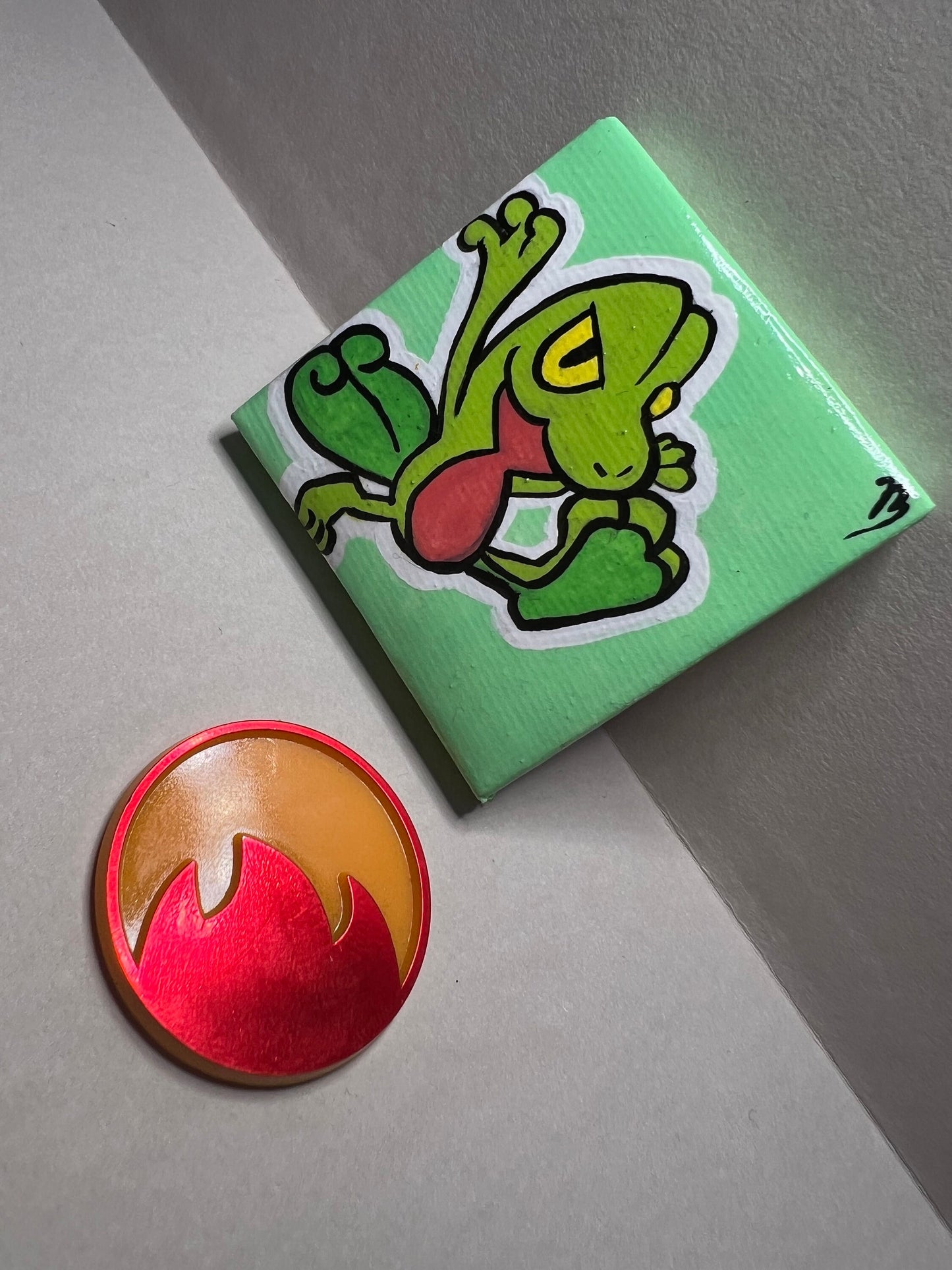 Treecko Pokemon Mini Painting, Tiny Collectible, Small Handmade Art, Gifts for him, gifts for her, birthday, Green, Yellow, Frog