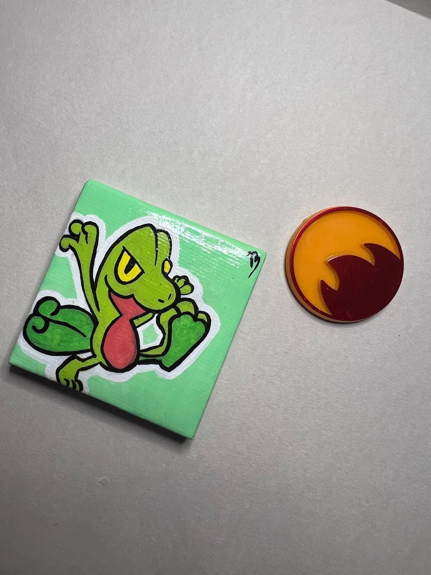 Treecko Pokemon Mini Painting, Tiny Collectible, Small Handmade Art, Gifts for him, gifts for her, birthday, Green, Yellow, Frog