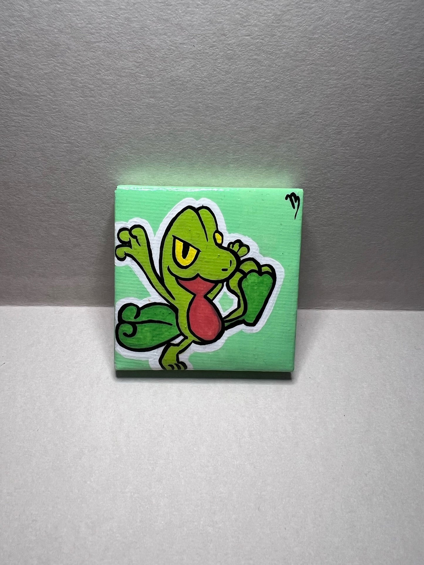 Treecko Pokemon Mini Painting, Tiny Collectible, Small Handmade Art, Gifts for him, gifts for her, birthday, Green, Yellow, Frog