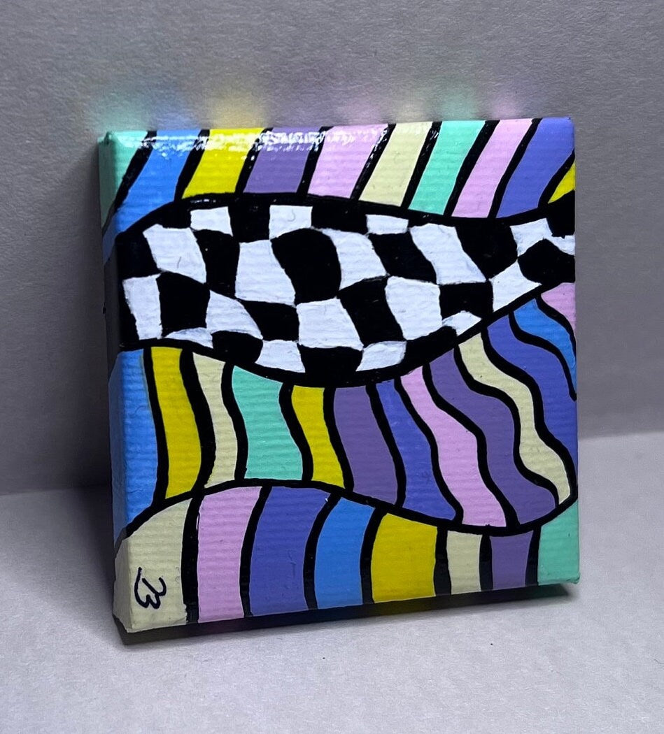Mini Trippy Psychedelic colorful line art handmade gift painting
