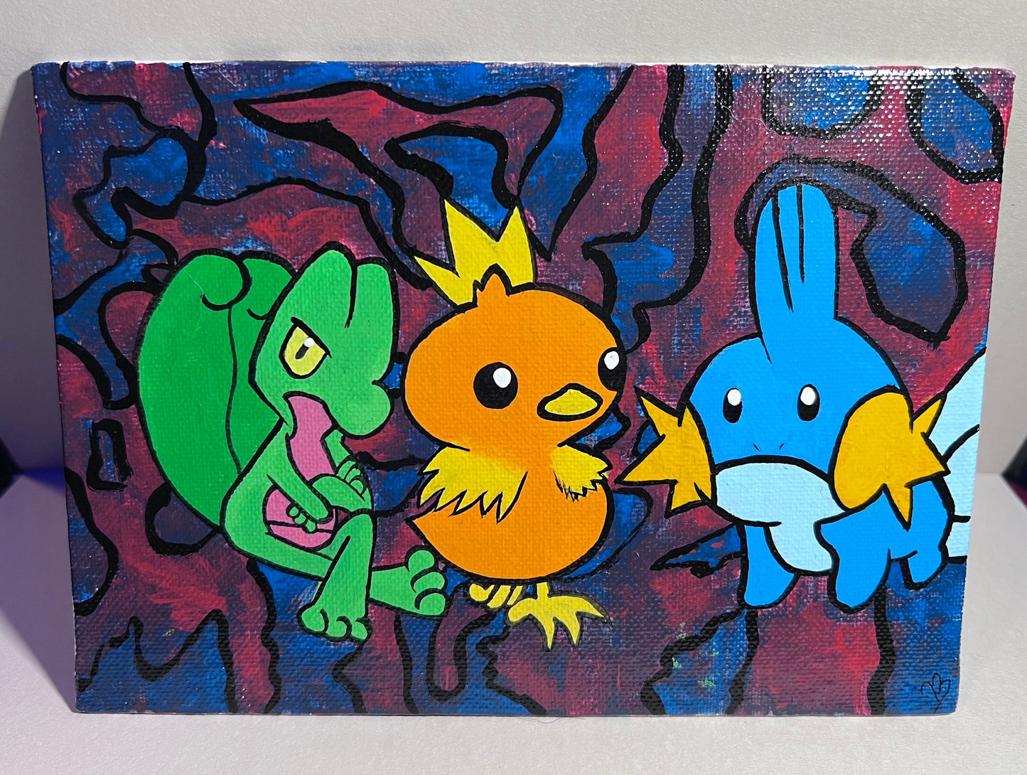 Mudkip, Treecko, and Torchic hand painted acrylic pokemon art, handmade cartoon, gifts for him, gifts for her, pokemon birthday, kids, gen 3