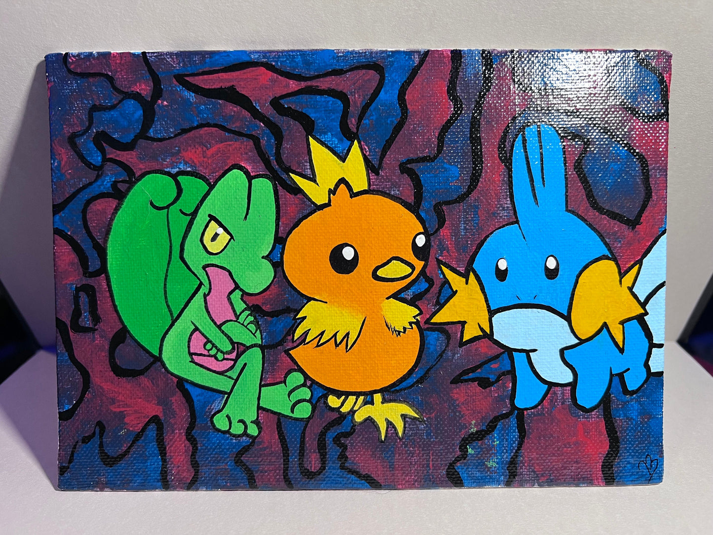Mudkip, Treecko, and Torchic hand painted acrylic pokemon art, handmade cartoon, gifts for him, gifts for her, pokemon birthday, kids, gen 3