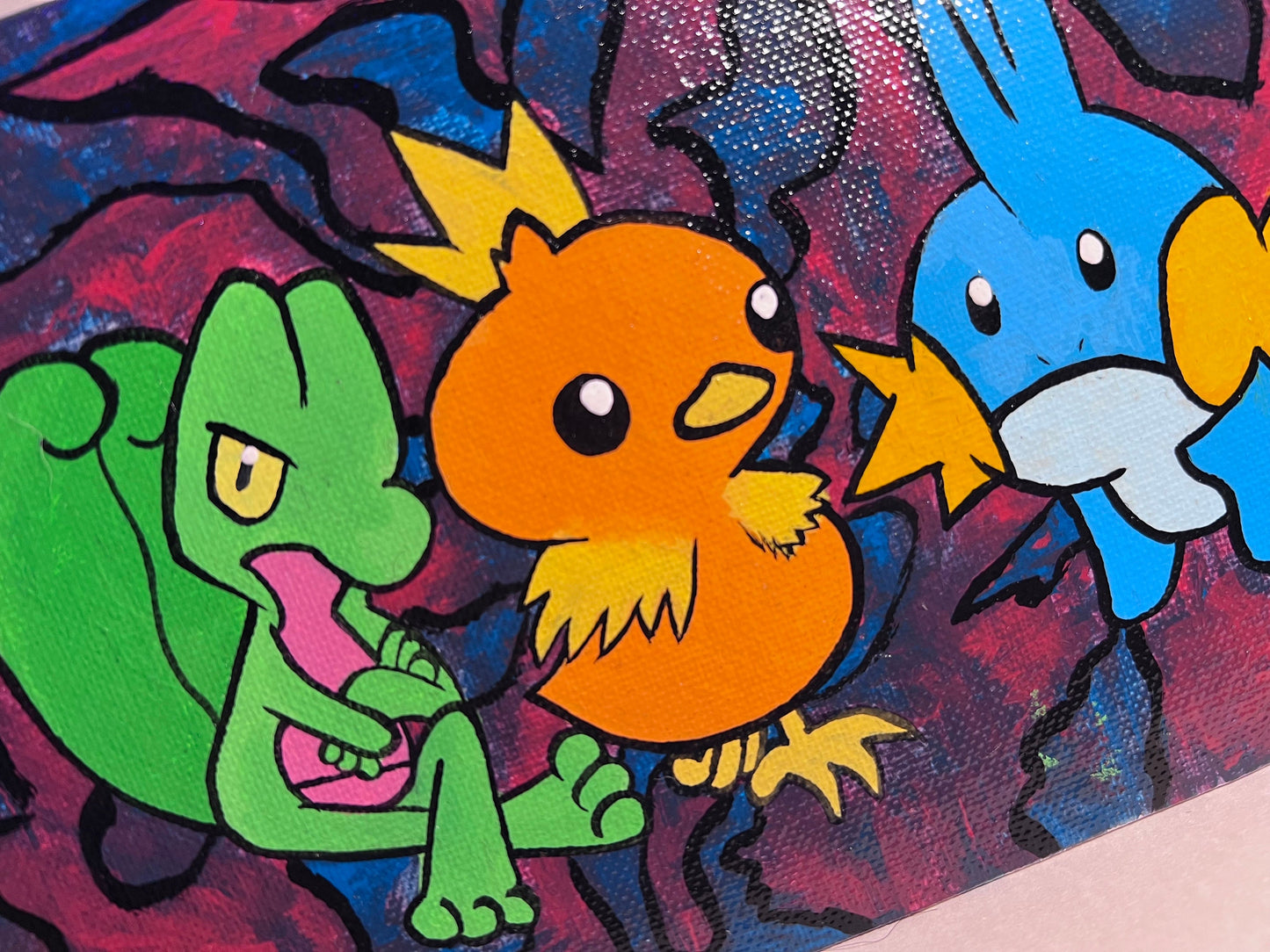 Mudkip, Treecko, and Torchic hand painted acrylic pokemon art, handmade cartoon, gifts for him, gifts for her, pokemon birthday, kids, gen 3