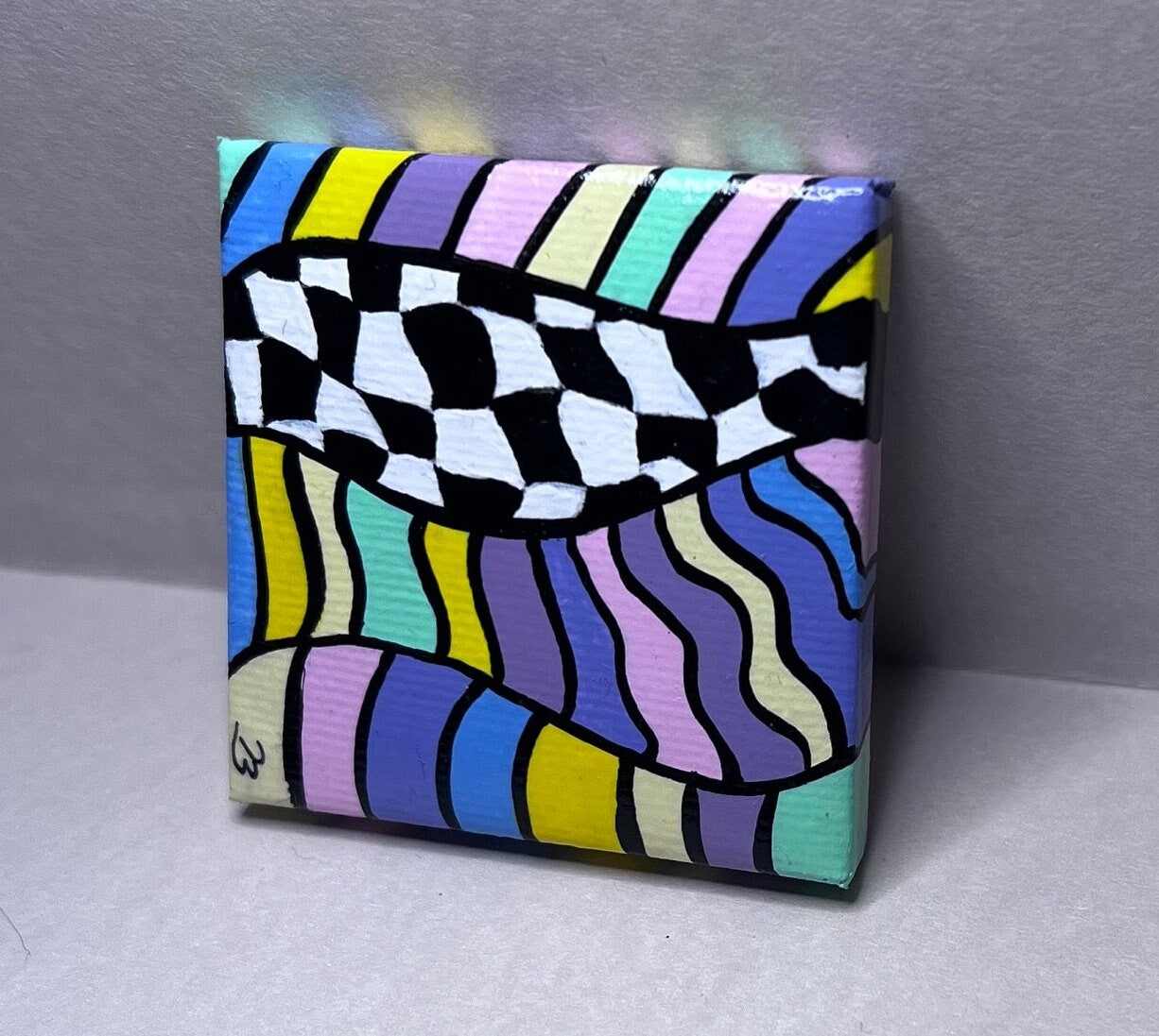 Mini Trippy Psychedelic colorful line art handmade gift painting