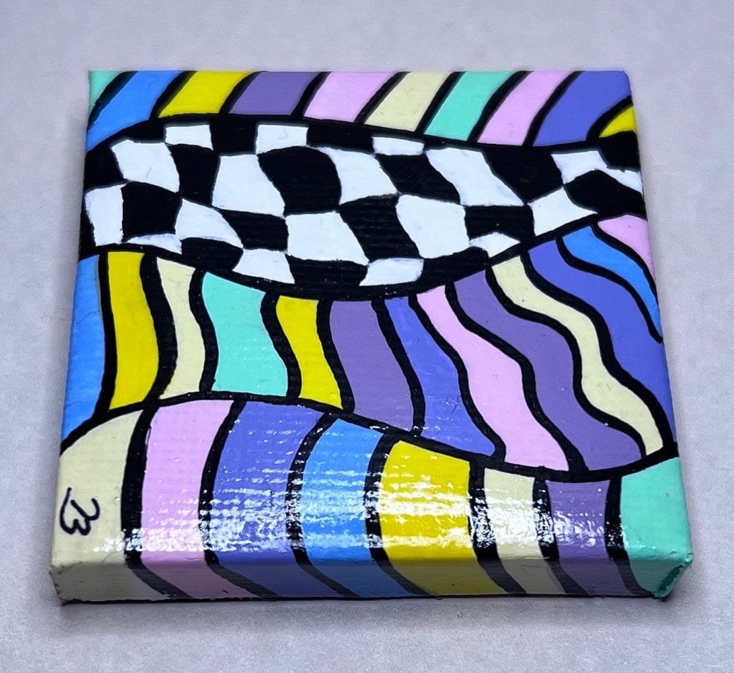 Mini Trippy Psychedelic colorful line art handmade gift painting
