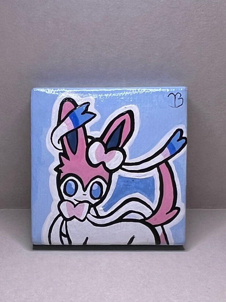 Sylveon Pokemon Mini Collectible Gift Painting | Unique Wall Art | Cute Cat Art | Cartoon Dorm Room Desk Decor