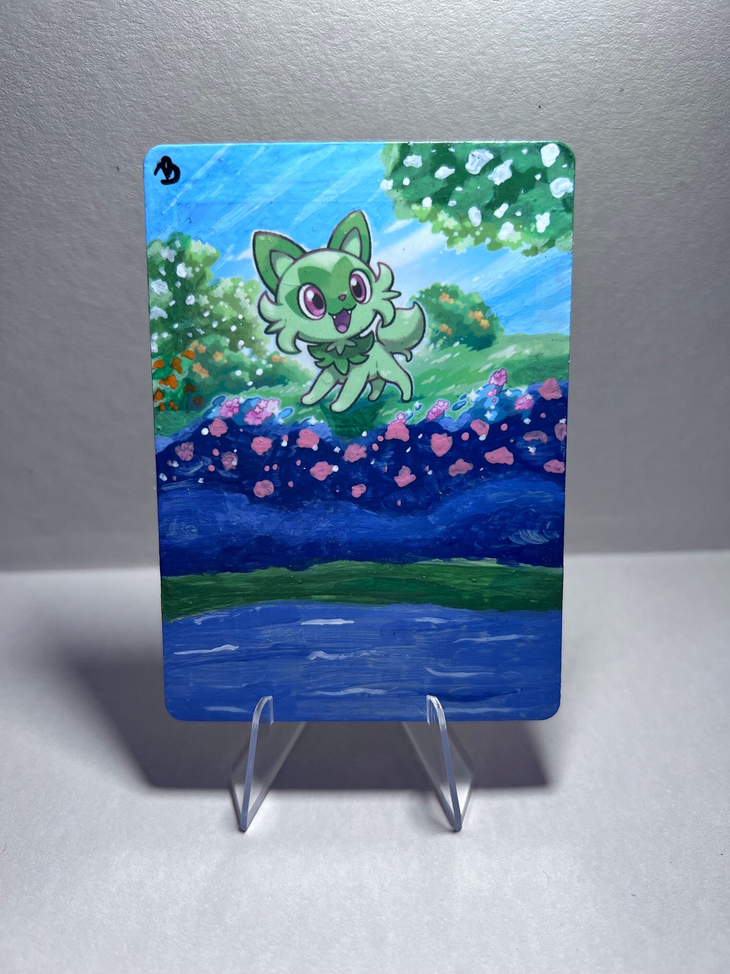 Collectible Sprigatito Pokémon Card | Hand-Painted Gift | Cat Lover Art | Unique Present | Father’s Day Celebration | Graduation |
