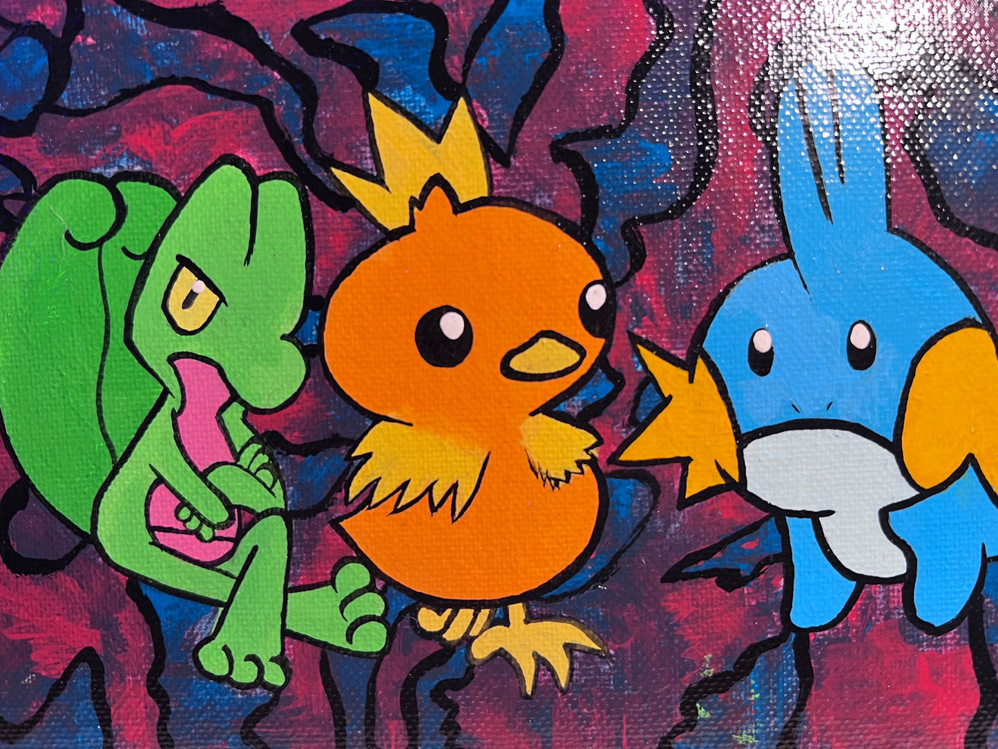 Mudkip, Treecko, and Torchic hand painted acrylic pokemon art, handmade cartoon, gifts for him, gifts for her, pokemon birthday, kids, gen 3