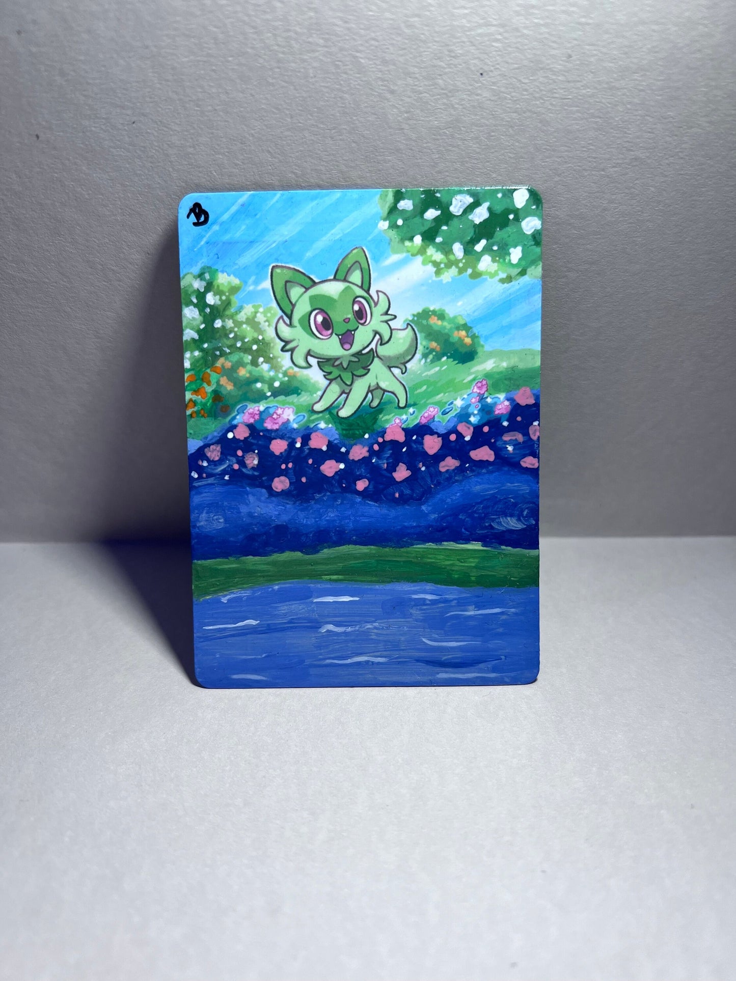 Collectible Sprigatito Pokémon Card | Hand-Painted Gift | Cat Lover Art | Unique Present | Father’s Day Celebration | Graduation |