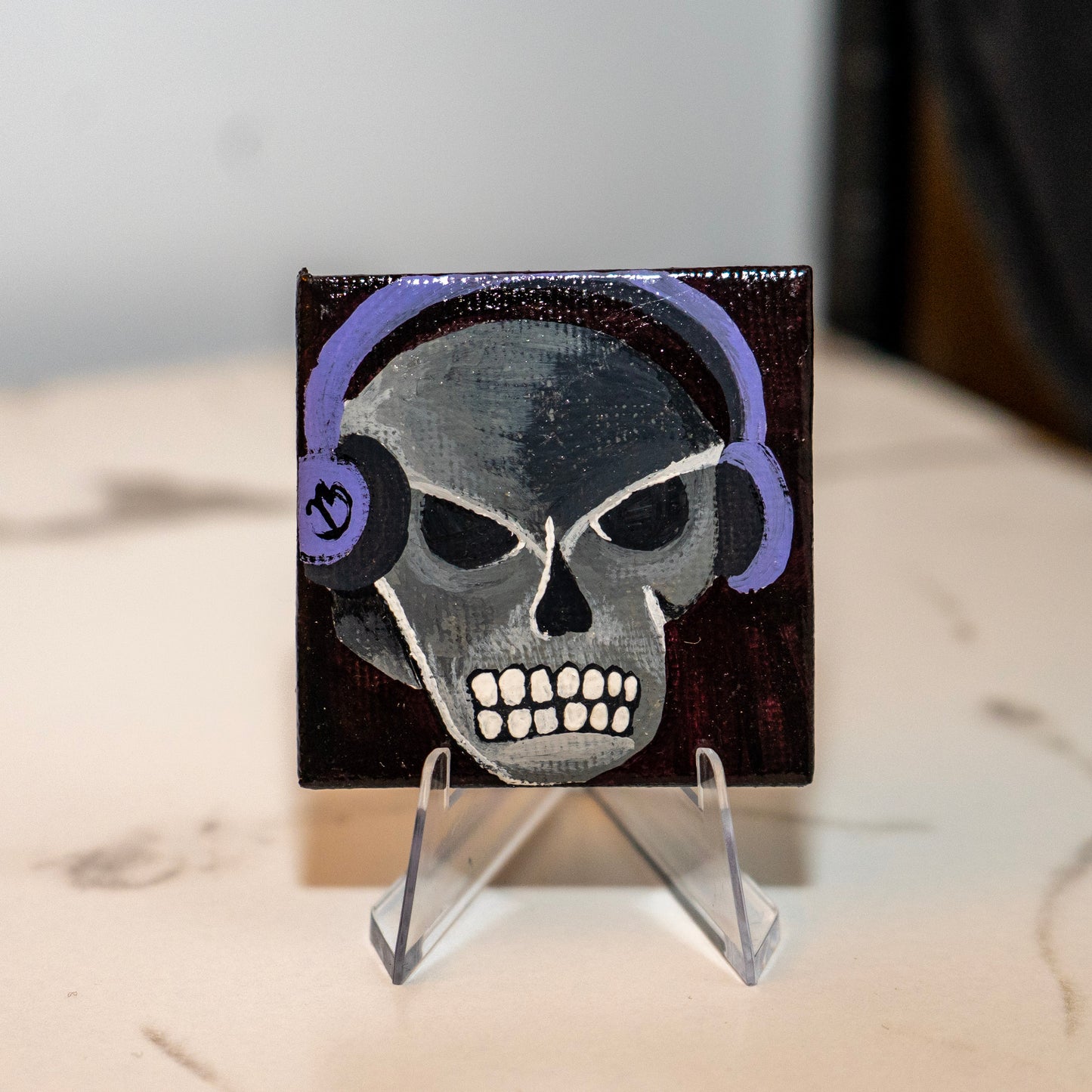 Tiny Skull With Headphones Painting | Gothic Miniature Artwork