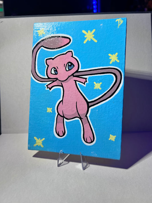 Hand-Painted Mew Pokémon Art on Canvas | Cute Cartoon Wall Decor | Glossy Finish | Ideal Kid's Birthday Present