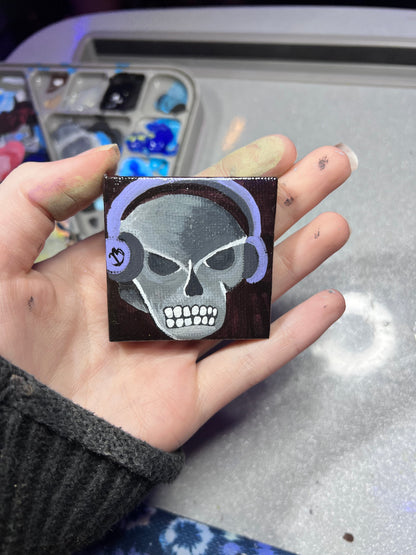 Tiny Skull With Headphones Painting | Gothic Miniature Artwork