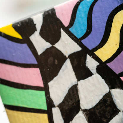 Pastel Psychedelic Checkerboard Mini Painting – Original Abstract Line Art Canvas – Trippy Rainbow Wall Decor