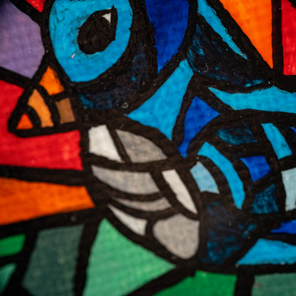 Blue Bird Stained Glass Style Mini Painting – Colorful Mosaic Bird Art – Original Tiny Canvas Nature Decor