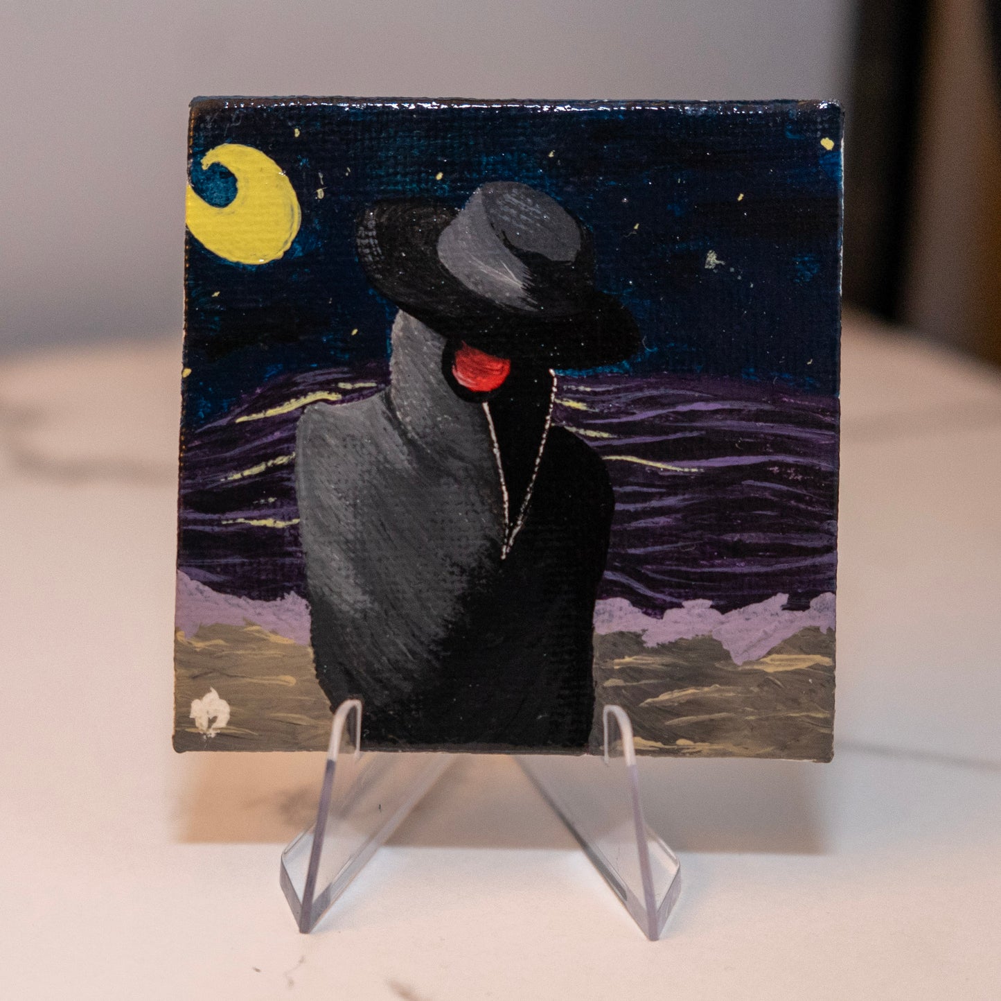 Moonlit Plague Doctor – Original 2.5x2.5 Gothic Mini Painting