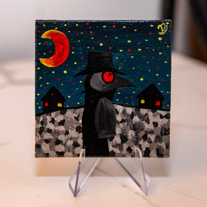 Moonlit Plague Doctor Mini Painting – Gothic Night Scene Art – Original Creepy Cute Canvas – Dark Fantasy Decor