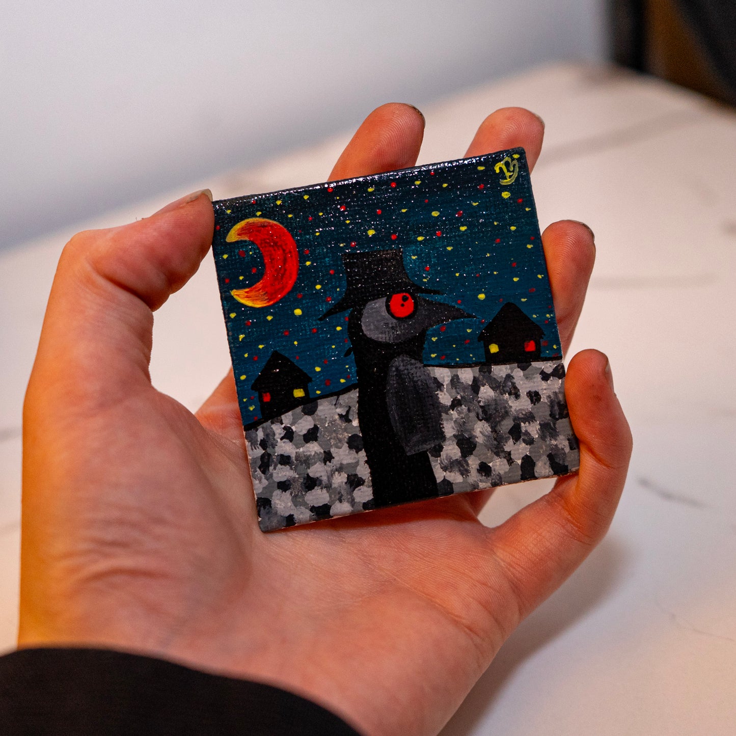 Moonlit Plague Doctor Mini Painting – Gothic Night Scene Art – Original Creepy Cute Canvas – Dark Fantasy Decor