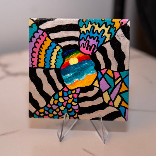 Psychedelic Rainbow Landscape Mini Painting – Original Abstract Line Art Canvas – Colorful Surreal Artwork