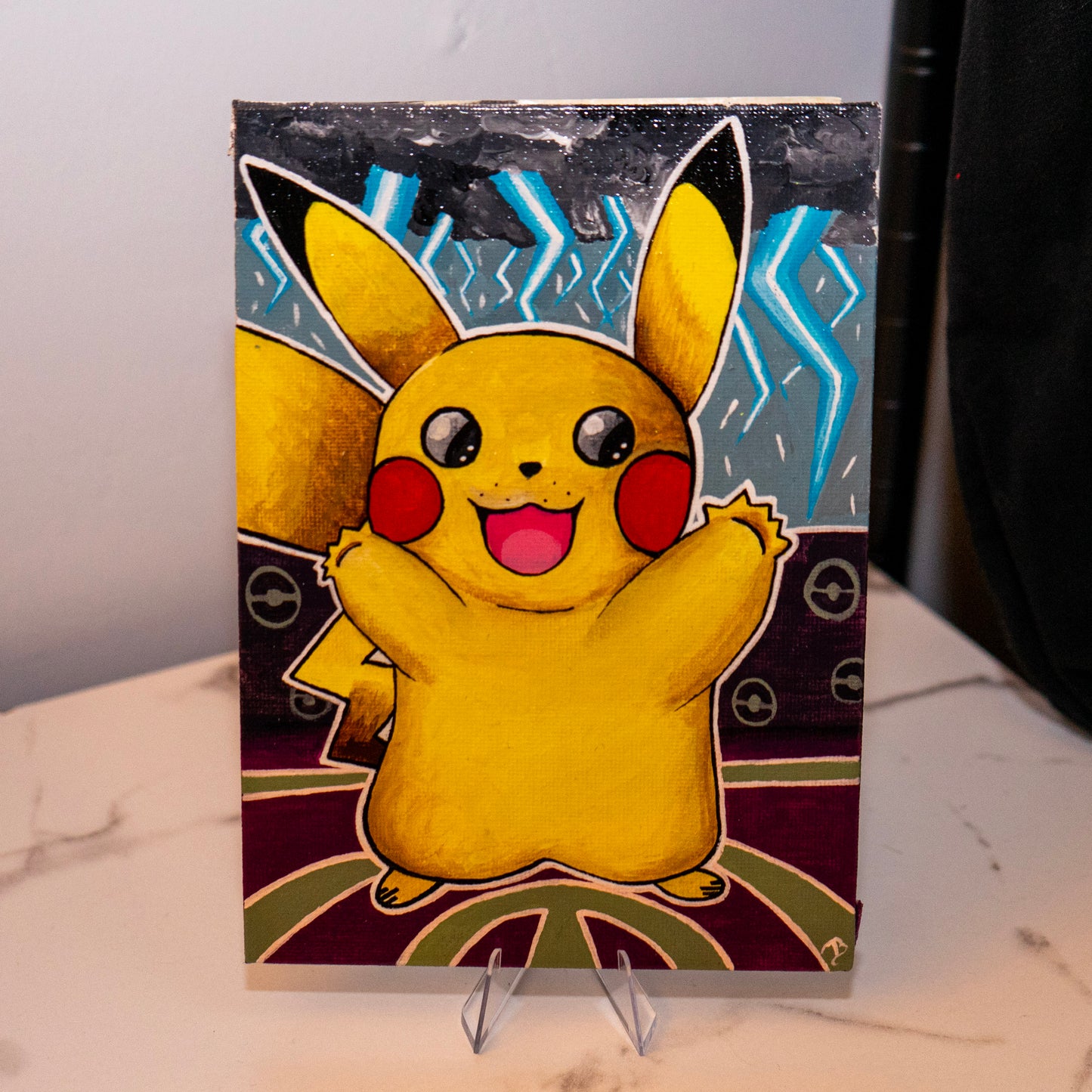 Electric Pikachu Mini Canvas Painting – Original Hand Painted Fan