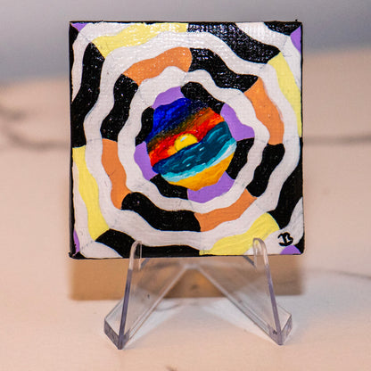 Psychedelic Sunset Portal Mini Painting – Original Abstract Ocean Art – Trippy Line Art Canvas