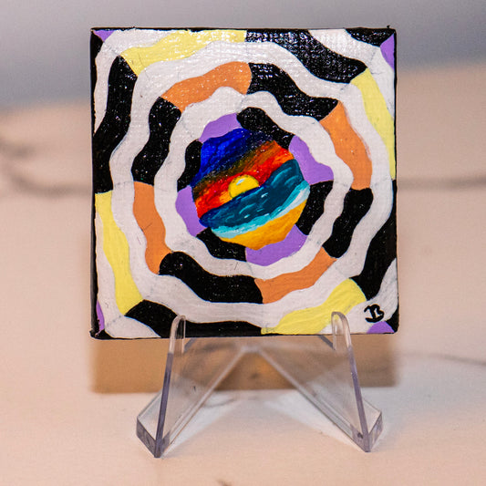 Psychedelic Sunset Portal Mini Painting – Original Abstract Ocean Art – Trippy Line Art Canvas