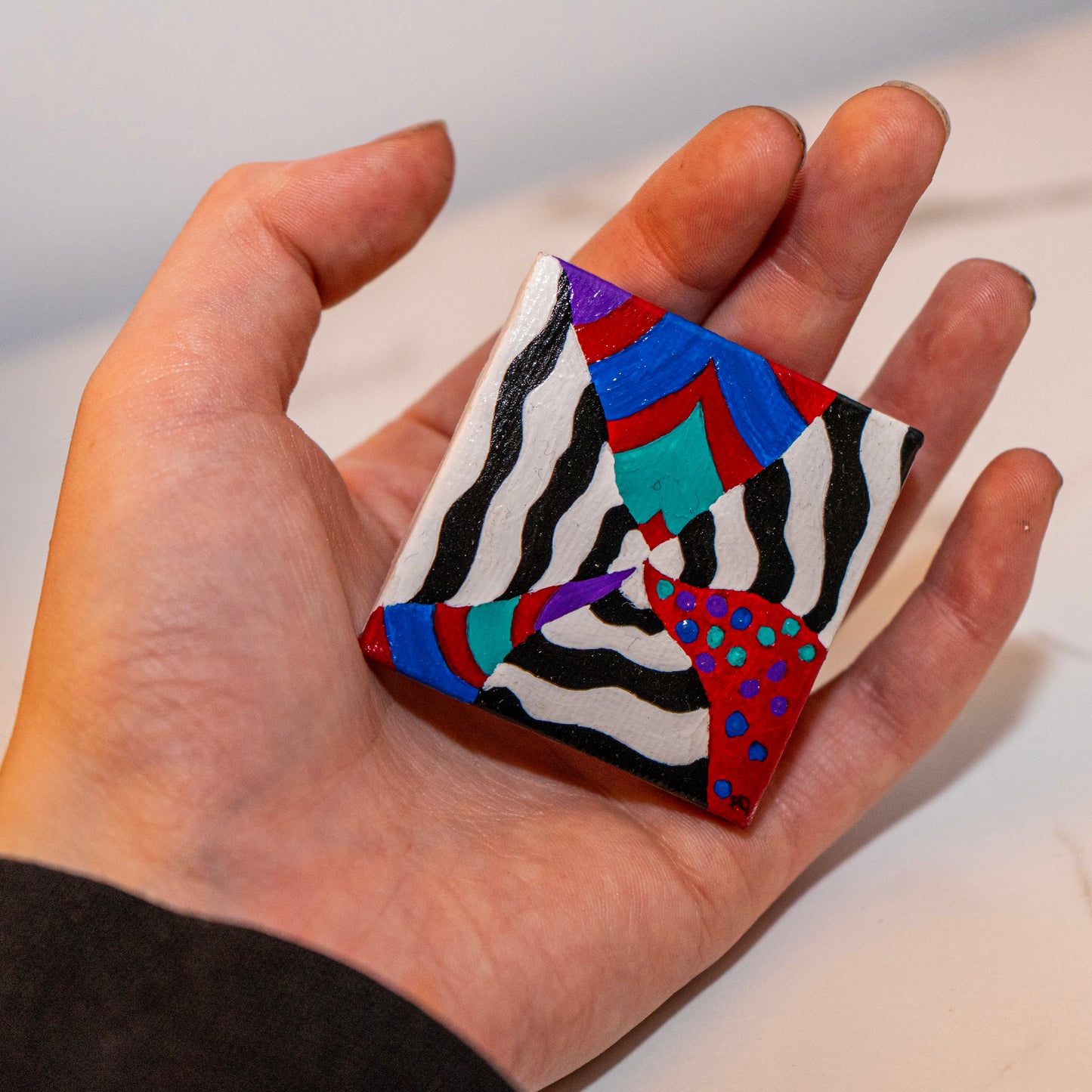 Psychedelic Zebra Pattern Mini Painting – Original Abstract Line Art Canvas – Colorful Tiny Artwork