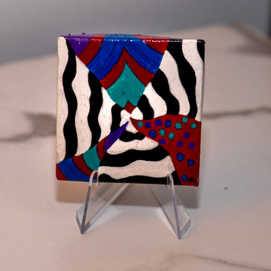 Psychedelic Zebra Pattern Mini Painting – Original Abstract Line Art Canvas – Colorful Tiny Artwork
