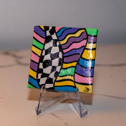 Pastel Psychedelic Checkerboard Mini Painting – Original Abstract Line Art Canvas – Trippy Rainbow Wall Decor