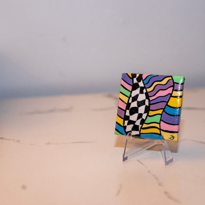 Pastel Psychedelic Checkerboard Mini Painting – Original Abstract Line Art Canvas – Trippy Rainbow Wall Decor