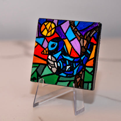 Blue Bird Stained Glass Style Mini Painting – Colorful Mosaic Bird Art – Original Tiny Canvas Nature Decor