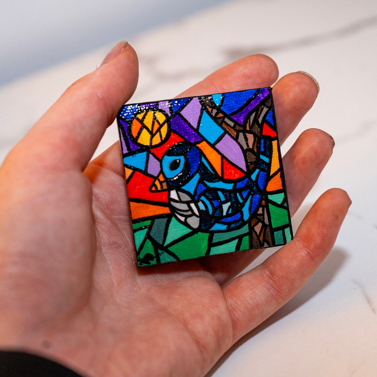 Blue Bird Stained Glass Style Mini Painting – Colorful Mosaic Bird Art – Original Tiny Canvas Nature Decor