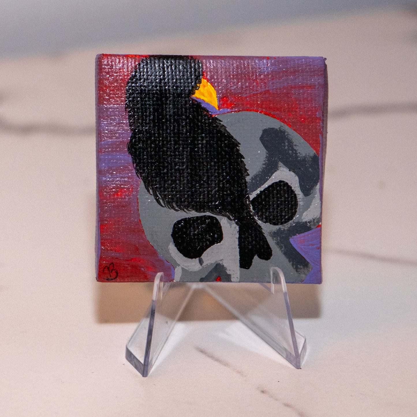 Crow & Skull – Original 2x2 Mini Gothic Painting