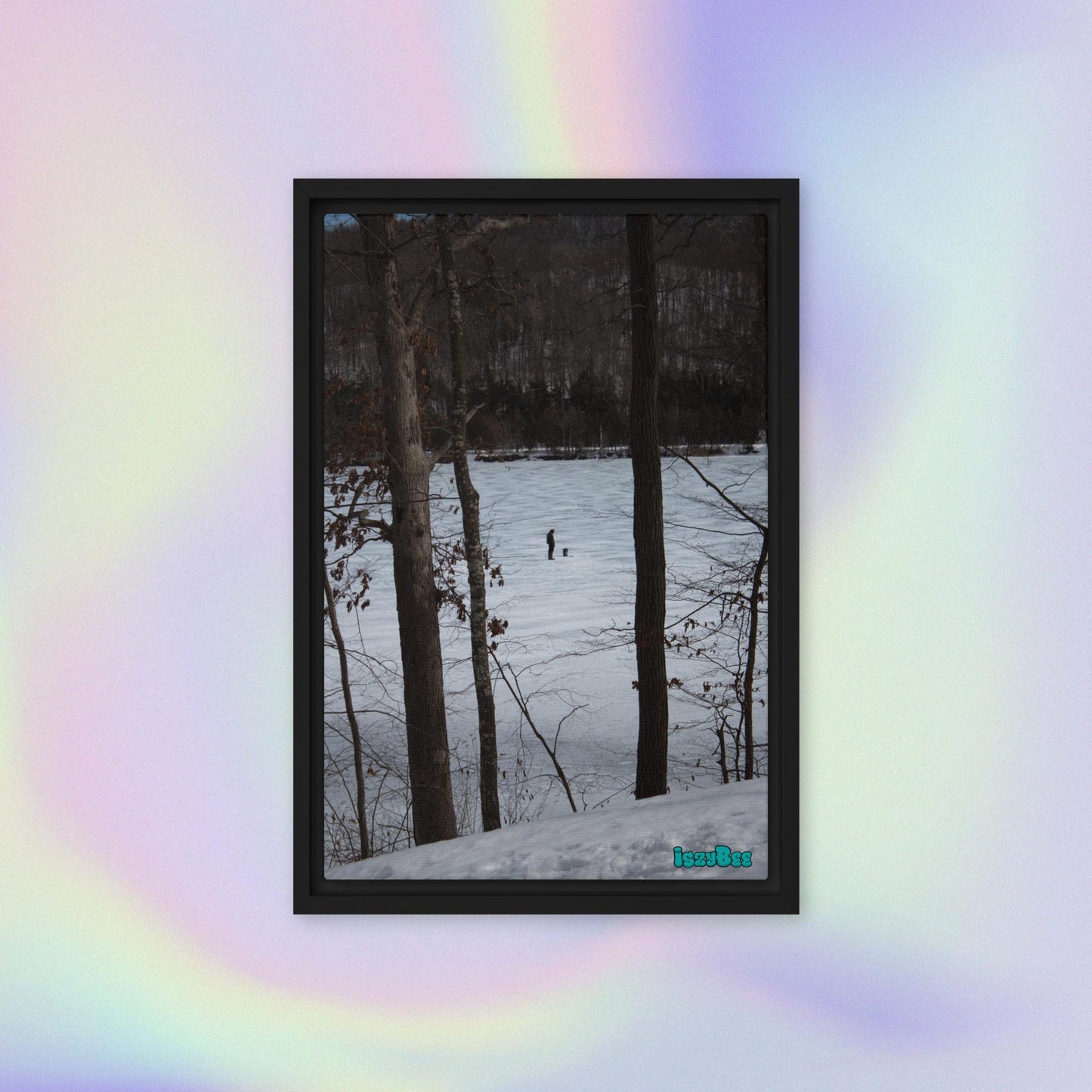 "Ice Fishing Near Dusk" - 12" by 18" Wood Framed IszyBee Photograph on Canvas