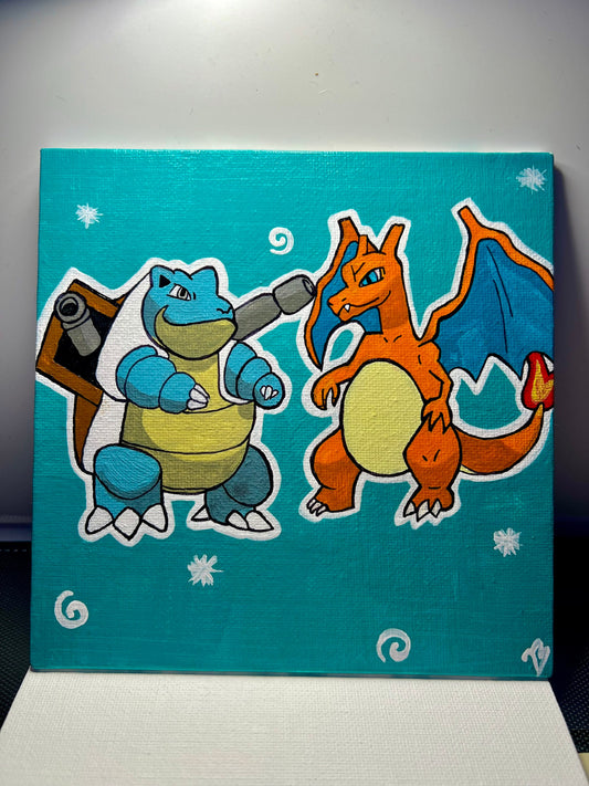 Blastoise vs Charizard Handmade Cartoon Artwork | Pokémon Theme Small Gift | Ideal Present for Him or Her | Father's Day Gift | Graduation