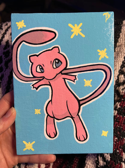 Hand-Painted Mew Pokémon Art on Canvas | Cute Cartoon Wall Decor | Glossy Finish | Ideal Kid's Birthday Present
