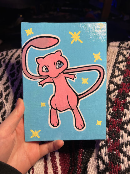 Hand-Painted Mew Pokémon Art on Canvas | Cute Cartoon Wall Decor | Glossy Finish | Ideal Kid's Birthday Present
