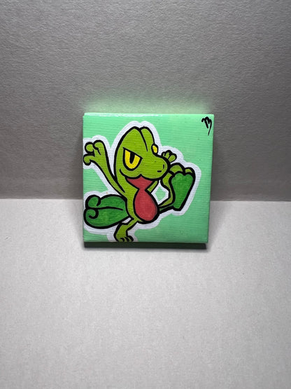 Treecko Pokemon Mini Painting, Tiny Collectible, Small Handmade Art, Gifts for him, gifts for her, birthday, Green, Yellow, Frog